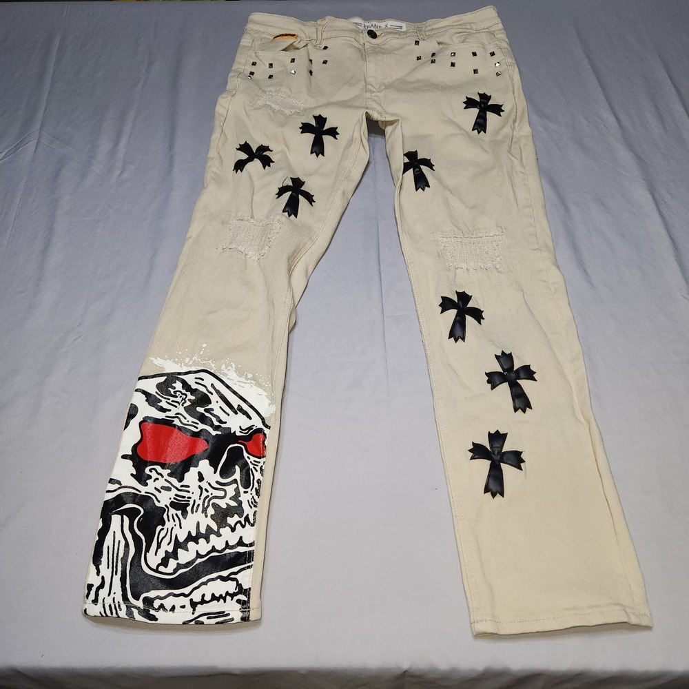 Brand X Mens Tan Distressed Cross Patch Skull Graphic Studded Denim Jeans 34x31